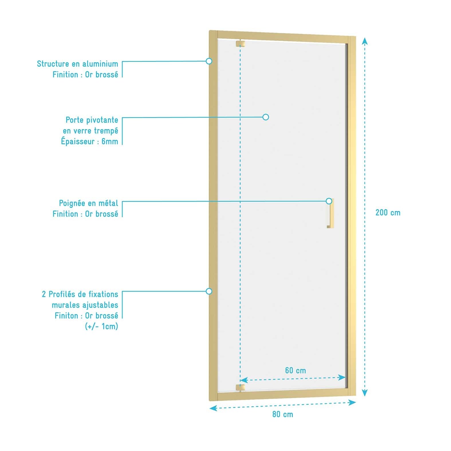 Porte de douche Pivotante 80x200cm - Profilés Or Doré Brossé - Verre Trempé 6mm - GOLDY CRUSH