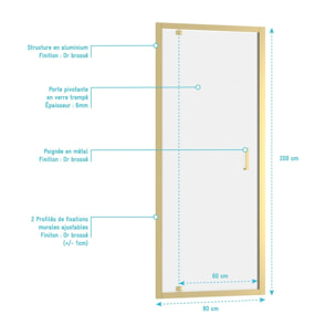 Porte de douche Pivotante 80x200cm - Profilés Or Doré Brossé - Verre Trempé 6mm - GOLDY CRUSH