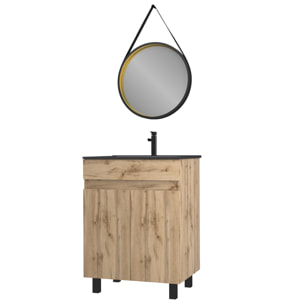 Pack Meuble SDB 60cm sur pieds 2 portes Chene_Vasque noire + Miroir Barber - TIMBER 60_Pack20