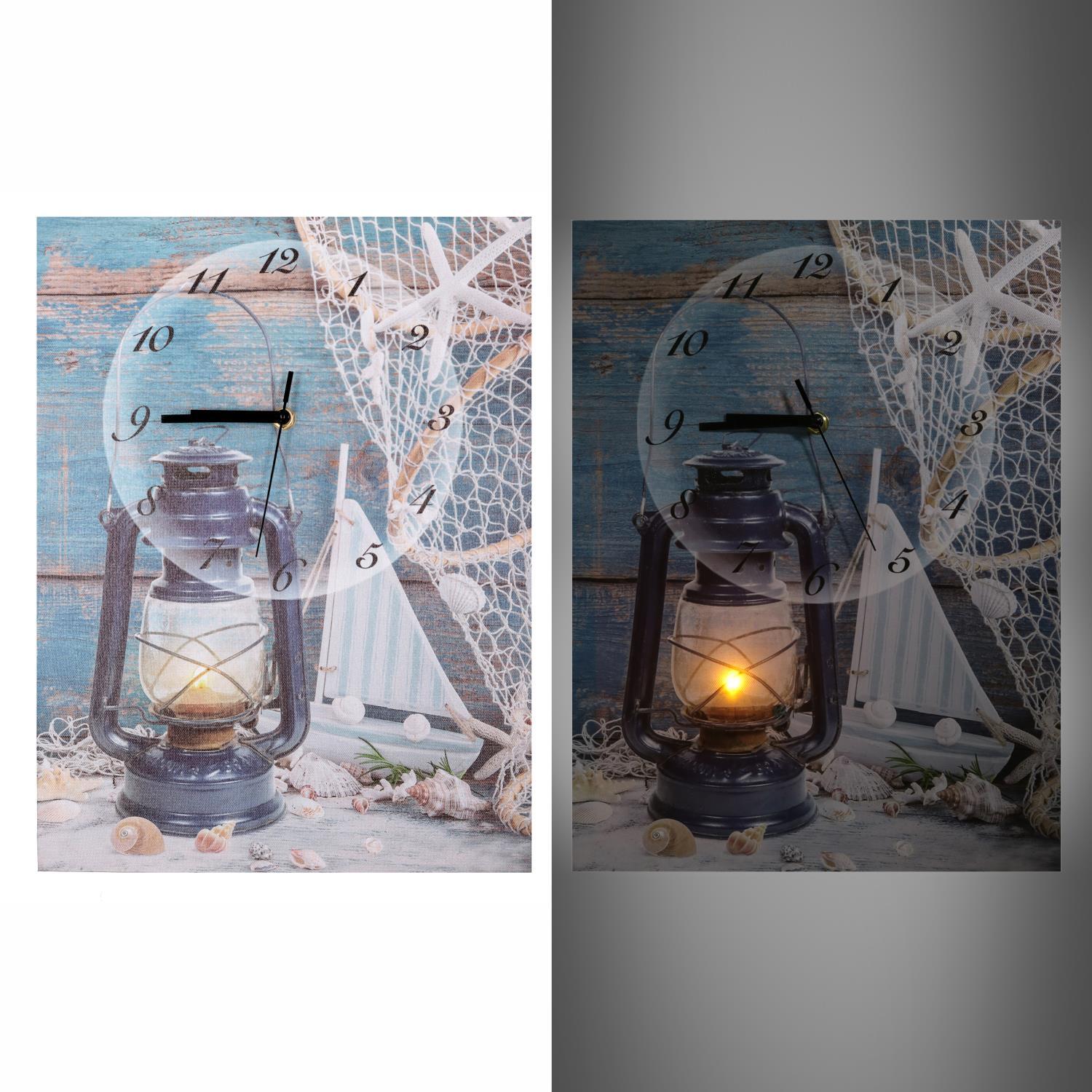 Orologio quadro mare con led in legno con lanterna cm30x40x2,2