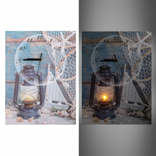 Orologio quadro mare con led in legno con lanterna cm30x40x2,2
