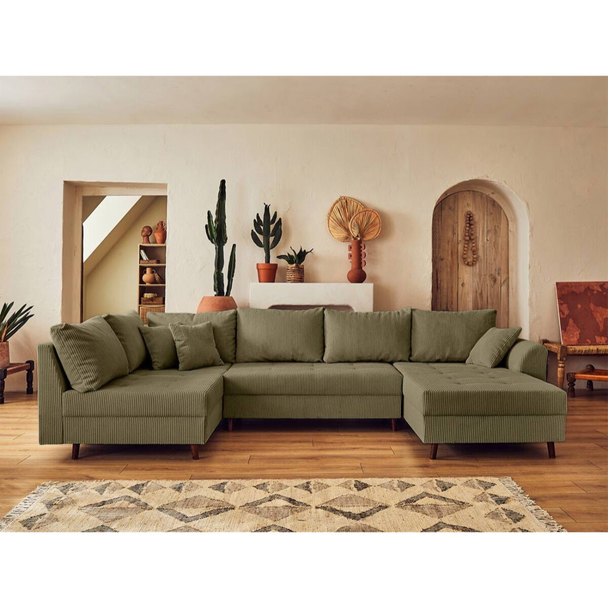 Rune - canapé panoramique d'angle gauche - 7 places - avec pouf d'appoint - en velours côtelé - Vert