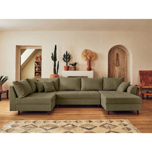 Rune - canapé panoramique d'angle gauche - 7 places - avec pouf d'appoint - en velours côtelé - Vert