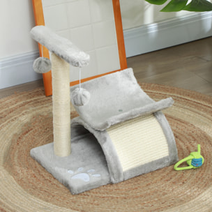 Arbre à chat design - griffoir, grattoir - jeu 2 boules rotatif, panier, tunnel - sisal peluche grise