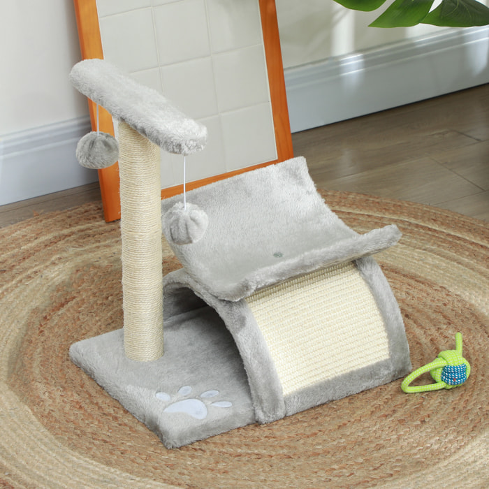 Arbre à chat design - griffoir, grattoir - jeu 2 boules rotatif, panier, tunnel - sisal peluche grise