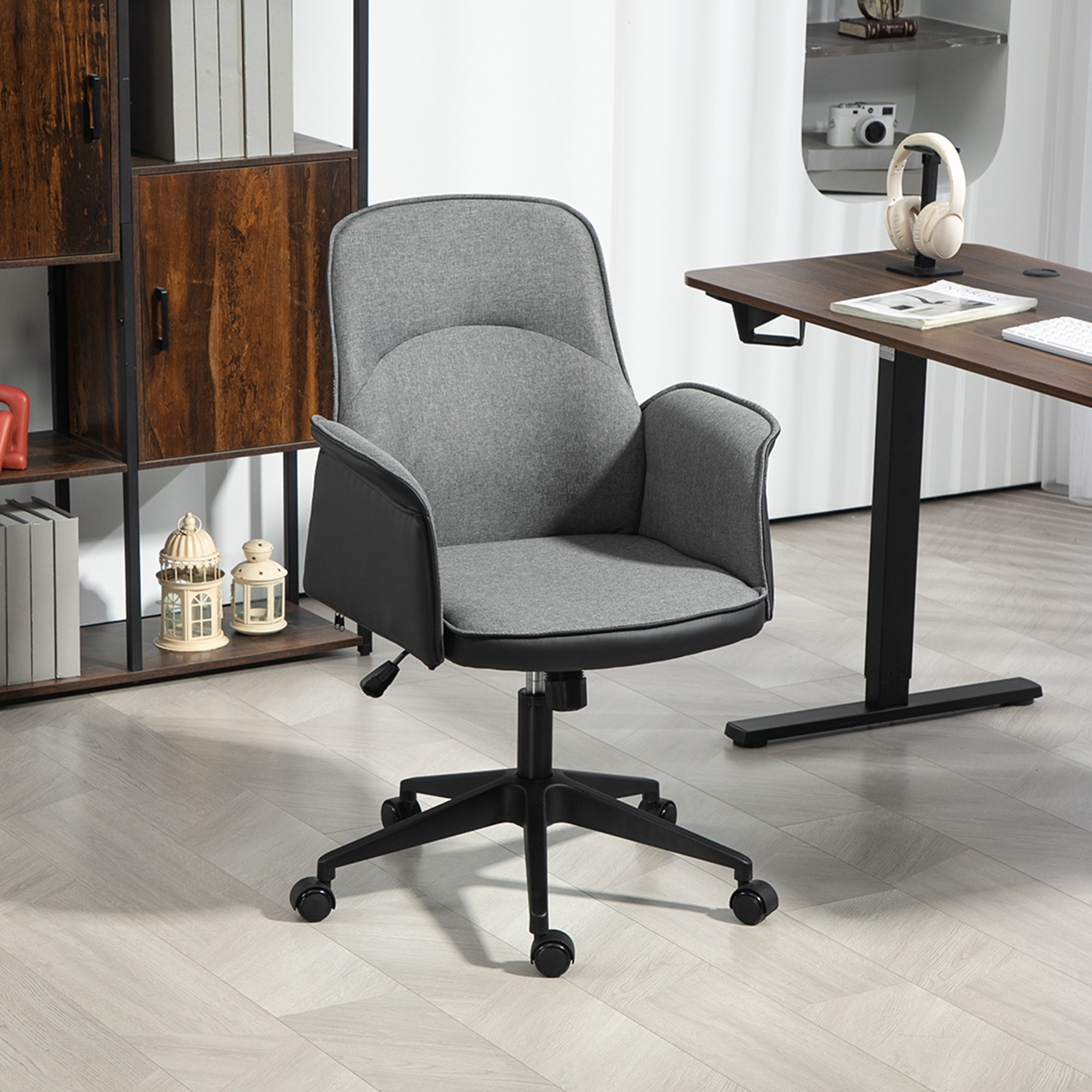 Silla de Oficina Giratoria Silla de Escritorio Altura Ajustable con Función de Basculante y Reposabrazos Silla de Estudio Carga 120 kg Gris y Negro