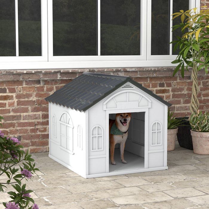 Caseta para Perros Exterior 84,2x98,2x82 cm Casa para Perros con Patrón de Ventana y Techo de Tejas de Imitación para Perros Grandes Gris y Blanco