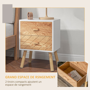 Lot de 2 chevets tables de nuit design scandinave - total 4 tiroirs - bois pin MDF blanc hêtre motif graphique