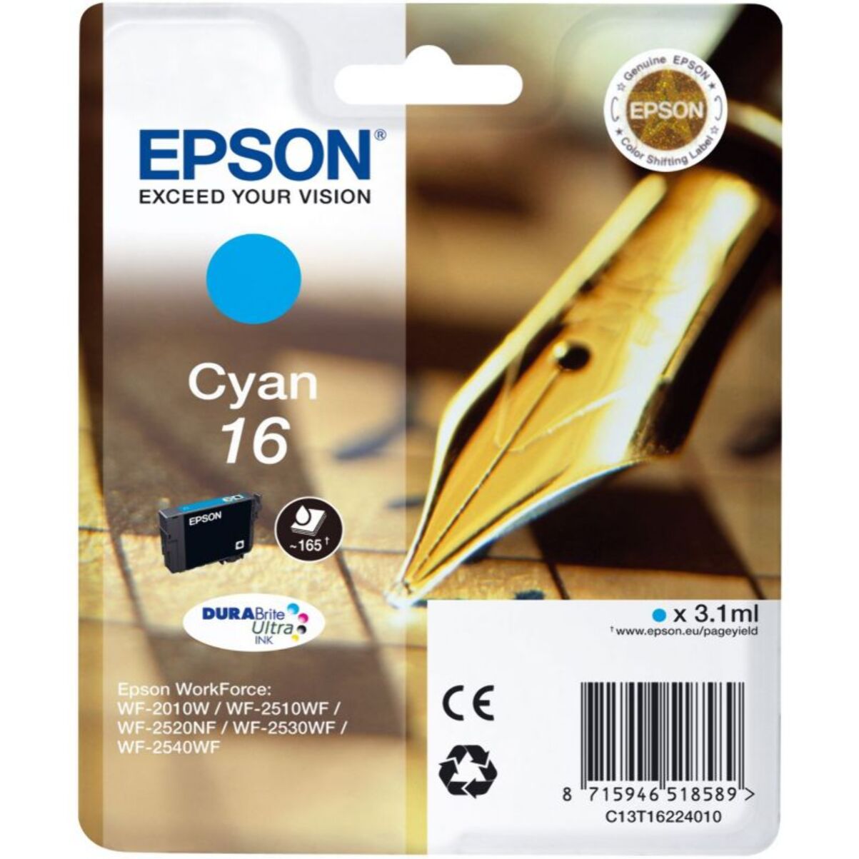 Cartouche d'encre EPSON Originale T1622 Cyan Série Stylo Plume - C13T16224010