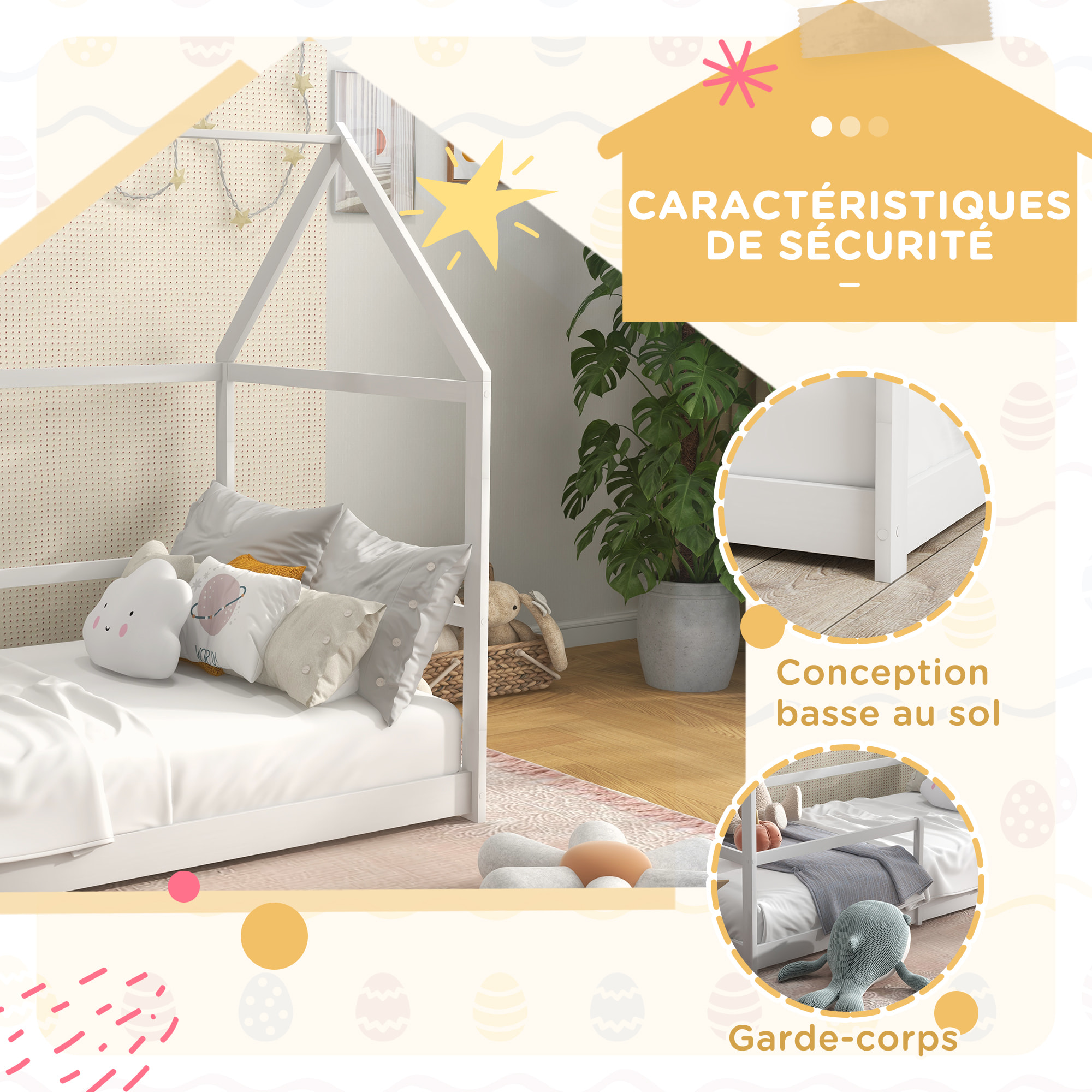 Lit cabane enfant 90x190cm - sommier et barrière inclus - bois pin panneaux blanc