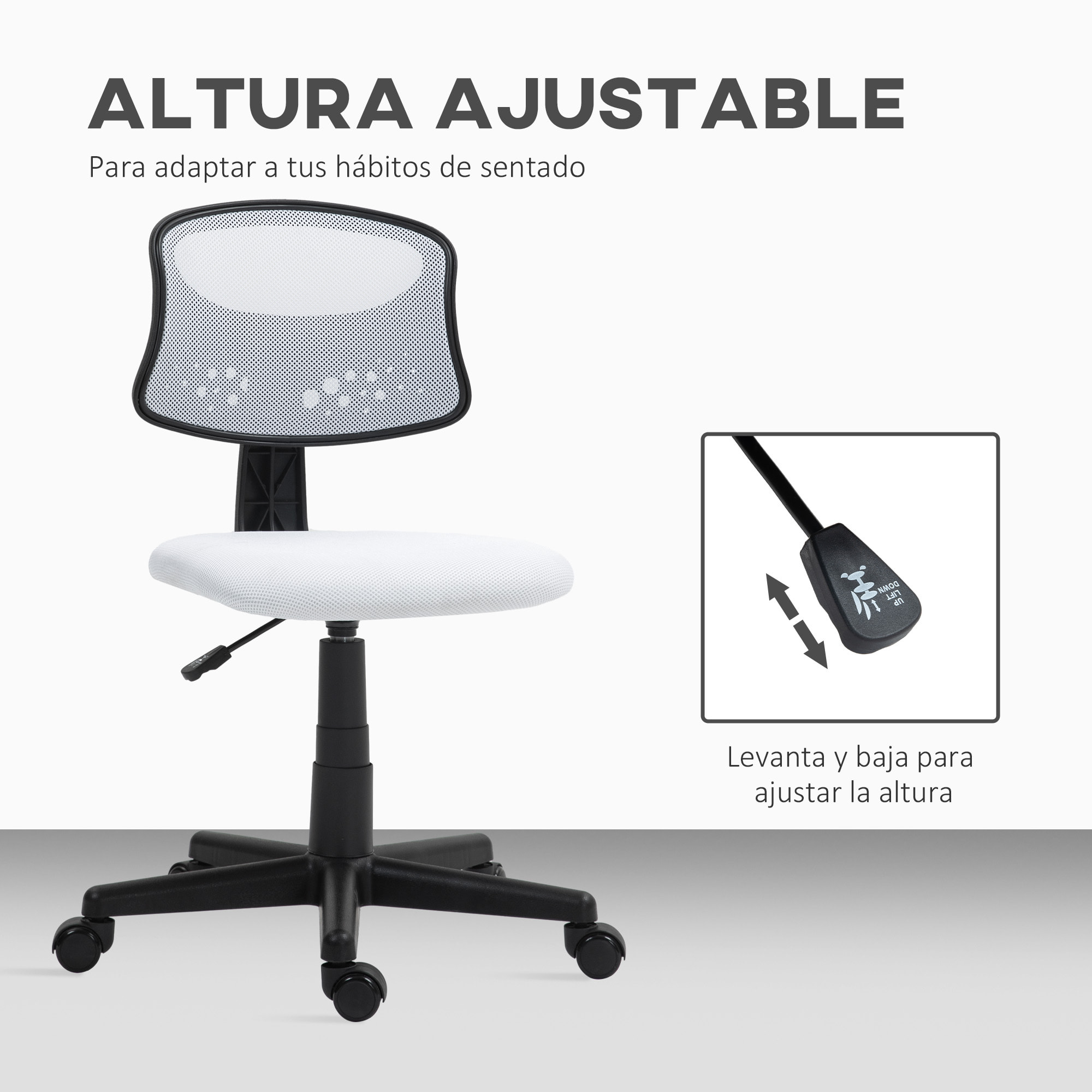 Silla de Oficina sin Brazos Silla de Escritorio Giratoria con Respaldo de Malla Transpirable Altura Ajustable Silla de Despacho Carga 120 kg Blanco