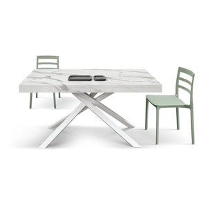 Tavolo FORTE DEI MARMI in legno, finitura bianco statuario e base in metallo bianco, allungabile 160x90 cm - 240x90 cm