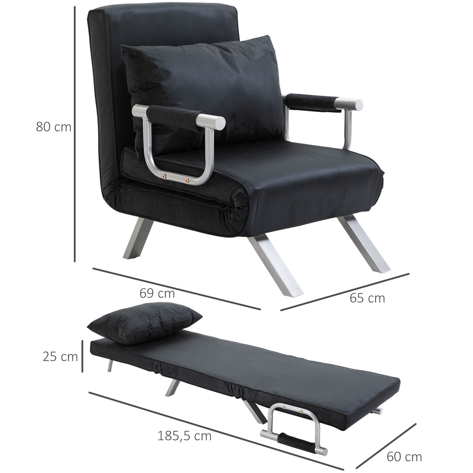 Fauteuil chauffeuse canapé-lit convertible 1 place déhoussable grand confort coussin pieds accoudoirs métal suède noir