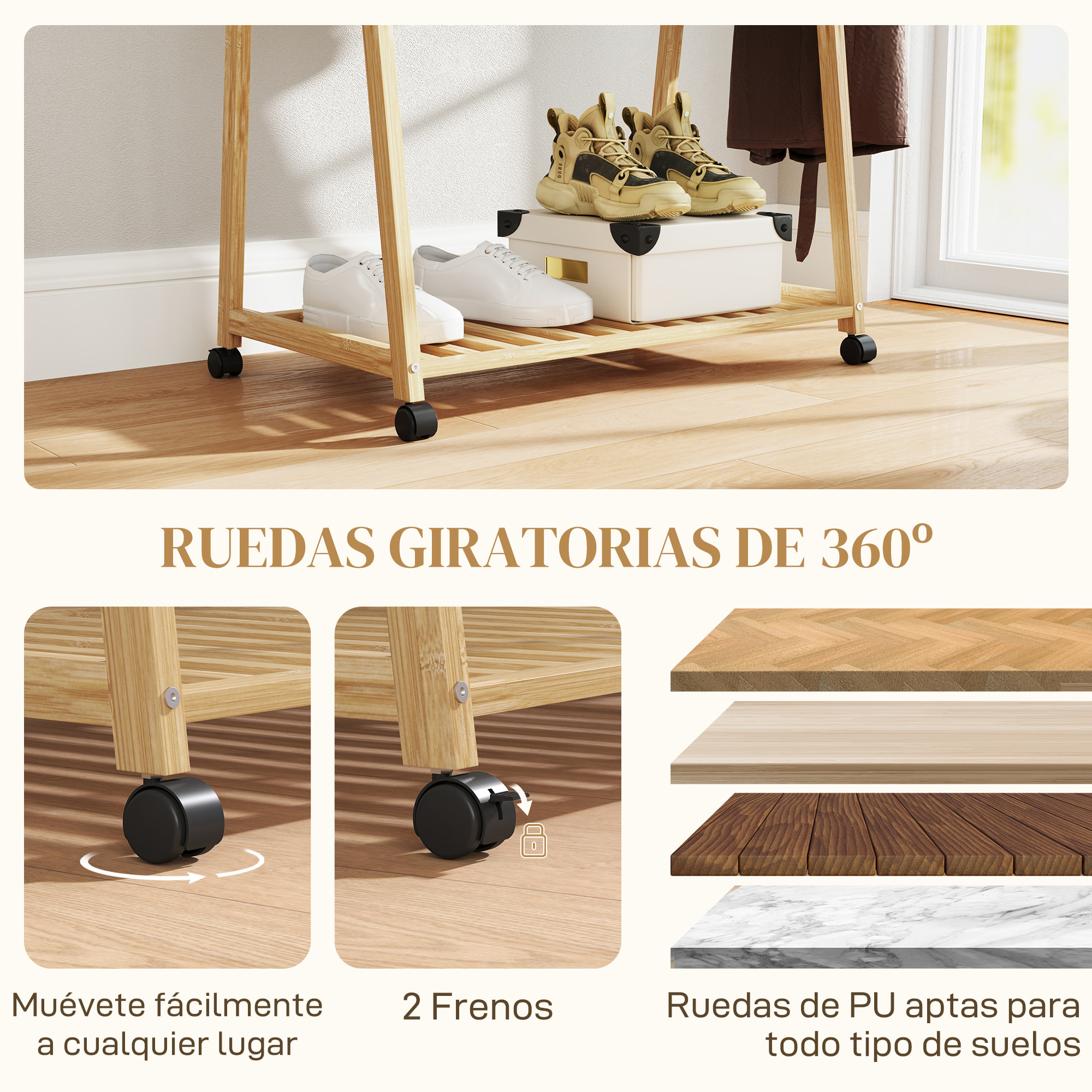 Burro para Ropa de Bambú Perchero Burro para Ropa con Ruedas 2 Estantes Abiertos y 2 Ganchos Perchero para Entrada Pasillo Dormitorio 84,5x43,5x158 cm Natural