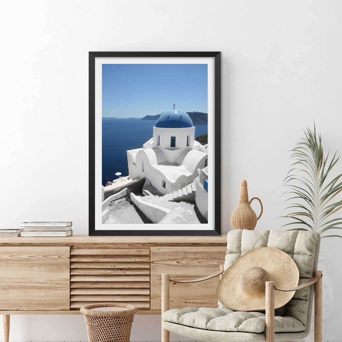 Poster dôme bleu santorin Affiche sous cadre noir