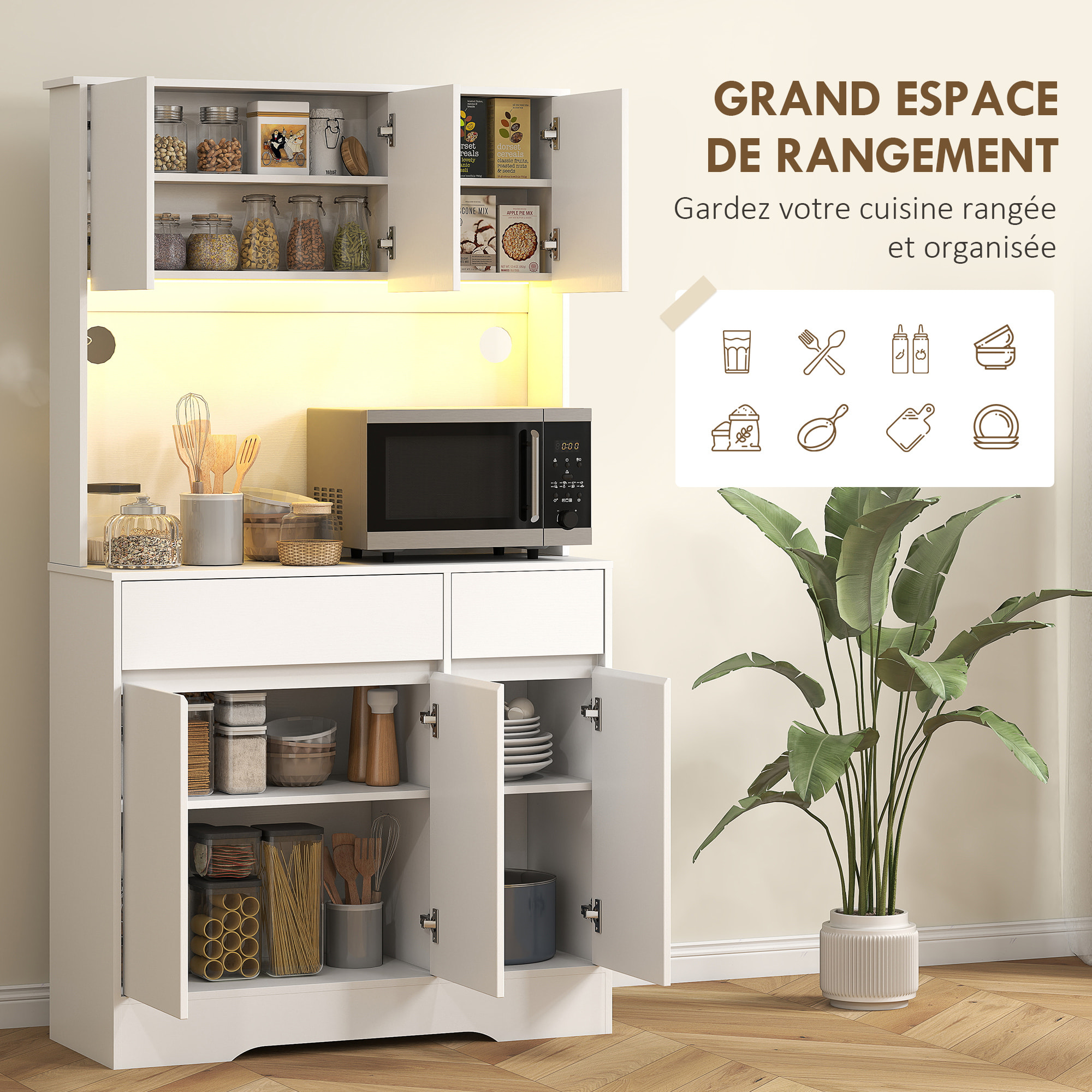 Buffet haut armoire cuisine design LED 6 portes 4 étagères 2 tiroirs grand plateau blanc