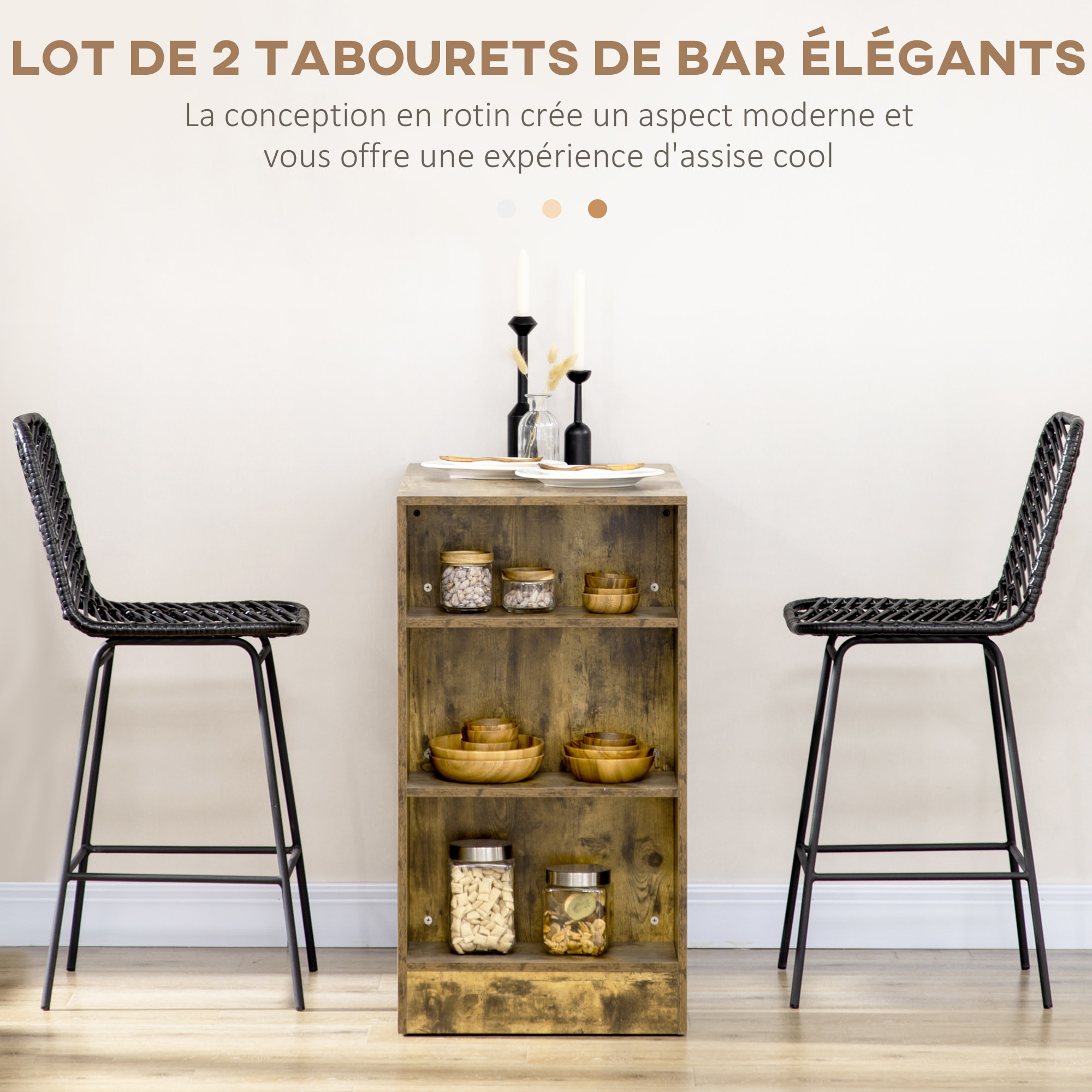 Lot de 2 tabourets de bar – Style bohème – Dossier cannage