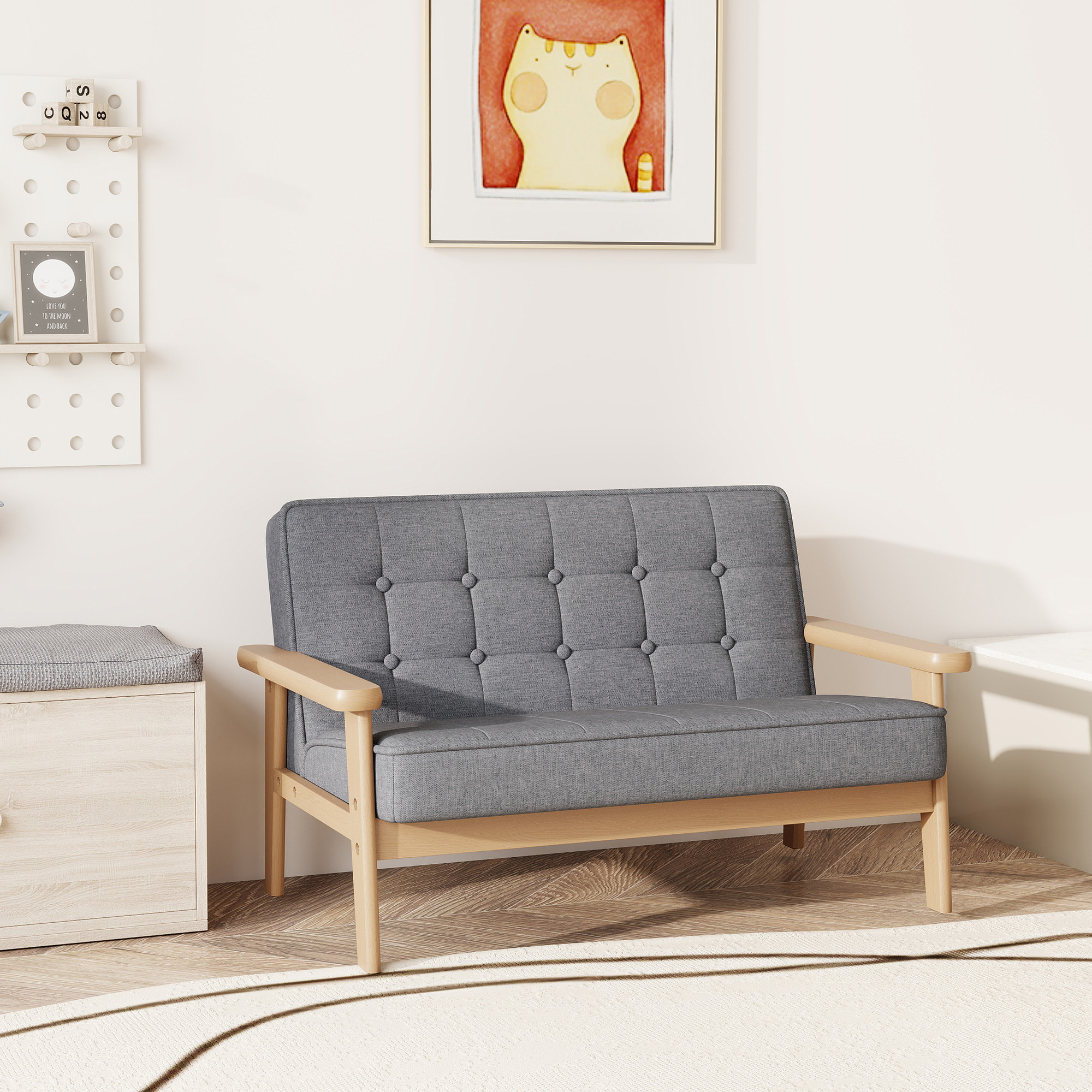 Sofá para Niños de 2 Plazas, Sillón Infantil de Felpa Suave con Estructura de Madera, Asiento y Respaldo Acolchados, Reposabrazos, para Niños de +3 Años, para Dormitorio, Sala de Juego, Gris