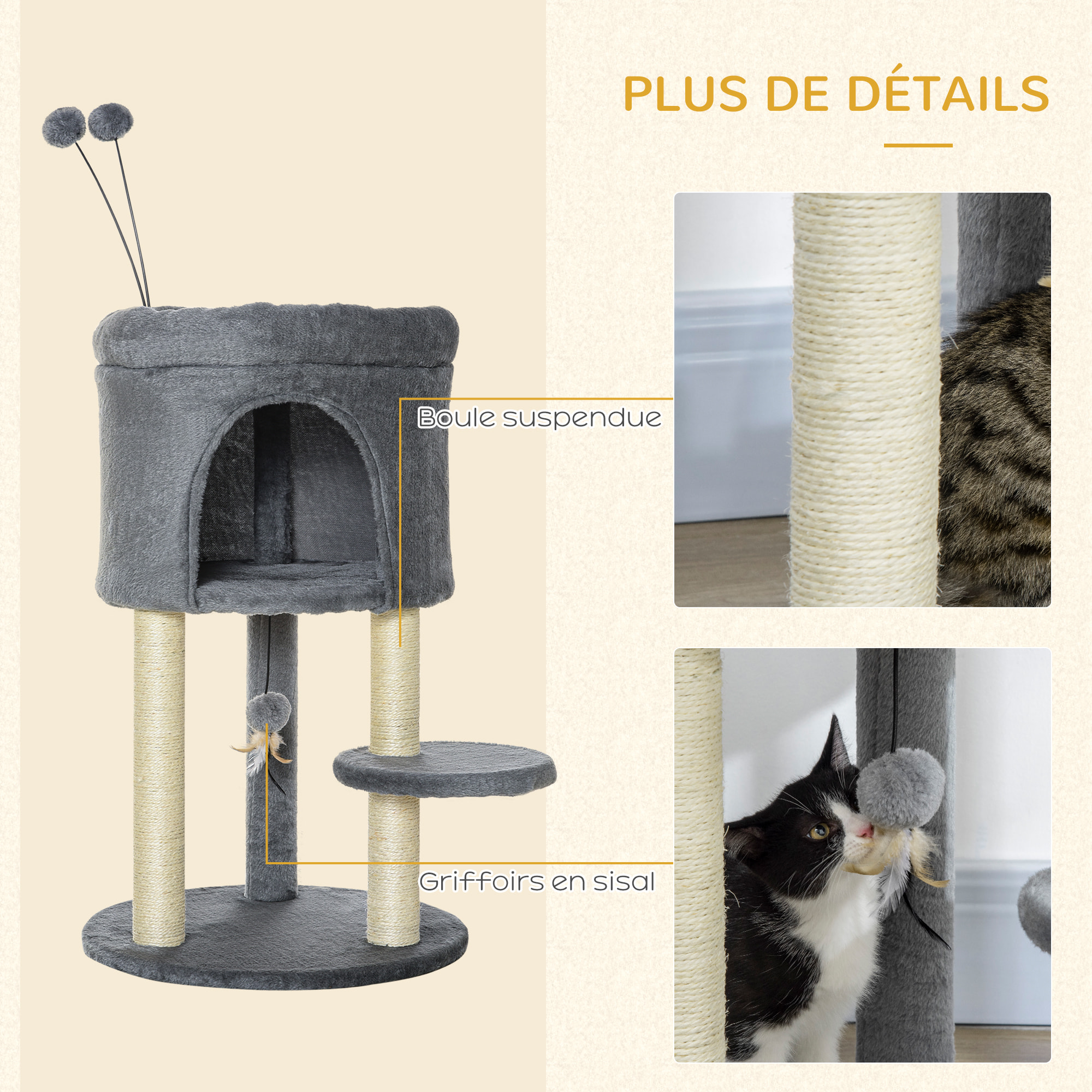 Arbre à chat 2 griffoirs sisal naturel niche plateforme panier observation jeu boules peluche gris