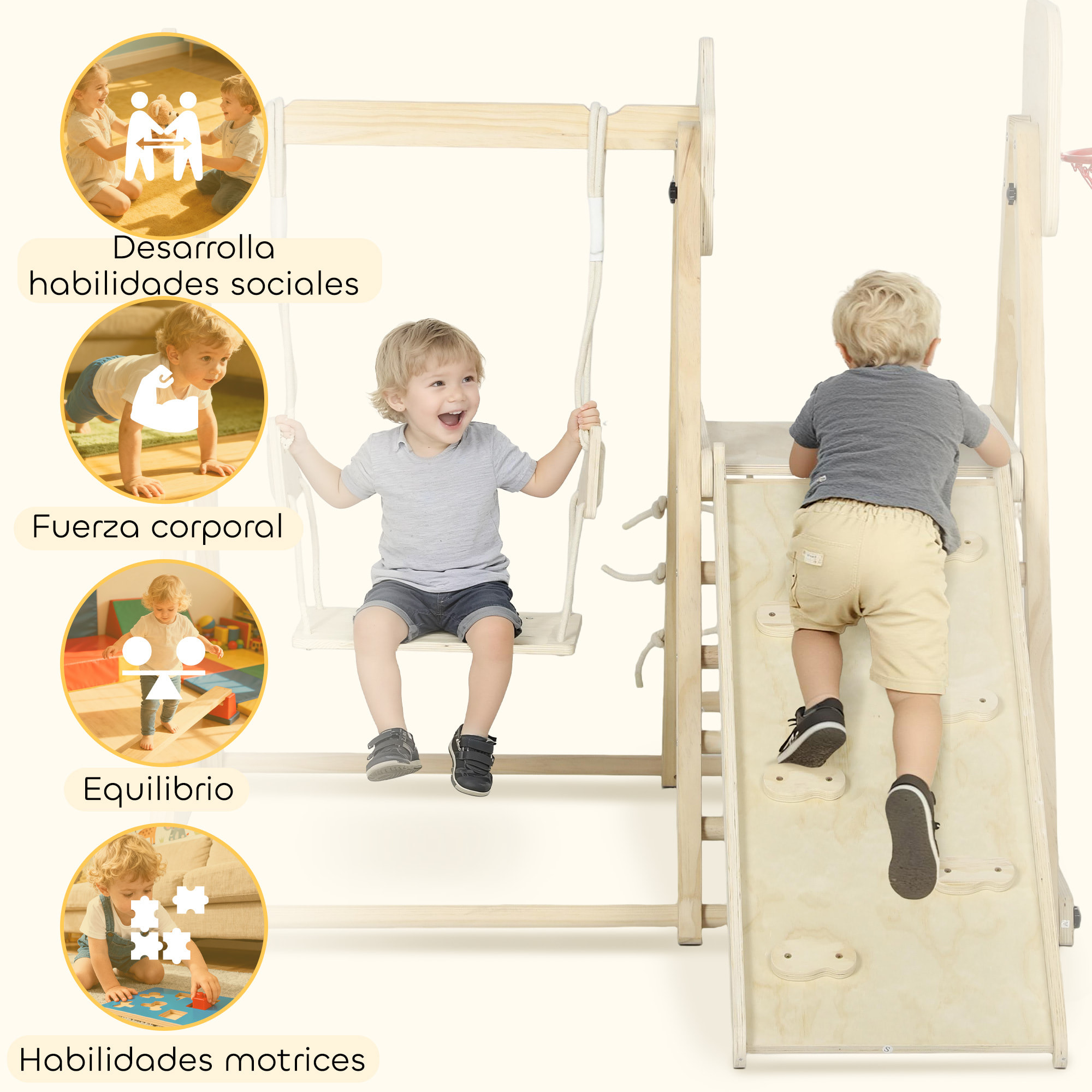 Tobogán Infantil 5 en 1, Estructura de Escalada de Madera con Tobogán, Columpio, Aro de Baloncesto, Tabla, Red de Escalada, Parque Plegable para Niños de 3-6 Años, Interior, Exterior, Natural