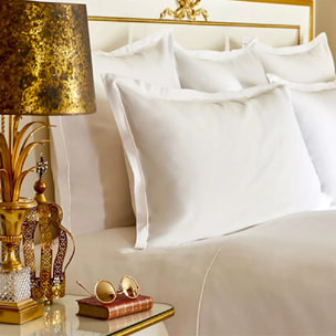Lot h.couette +taies satin de coton jeu d'unis blanc Palace bourdon ivoire