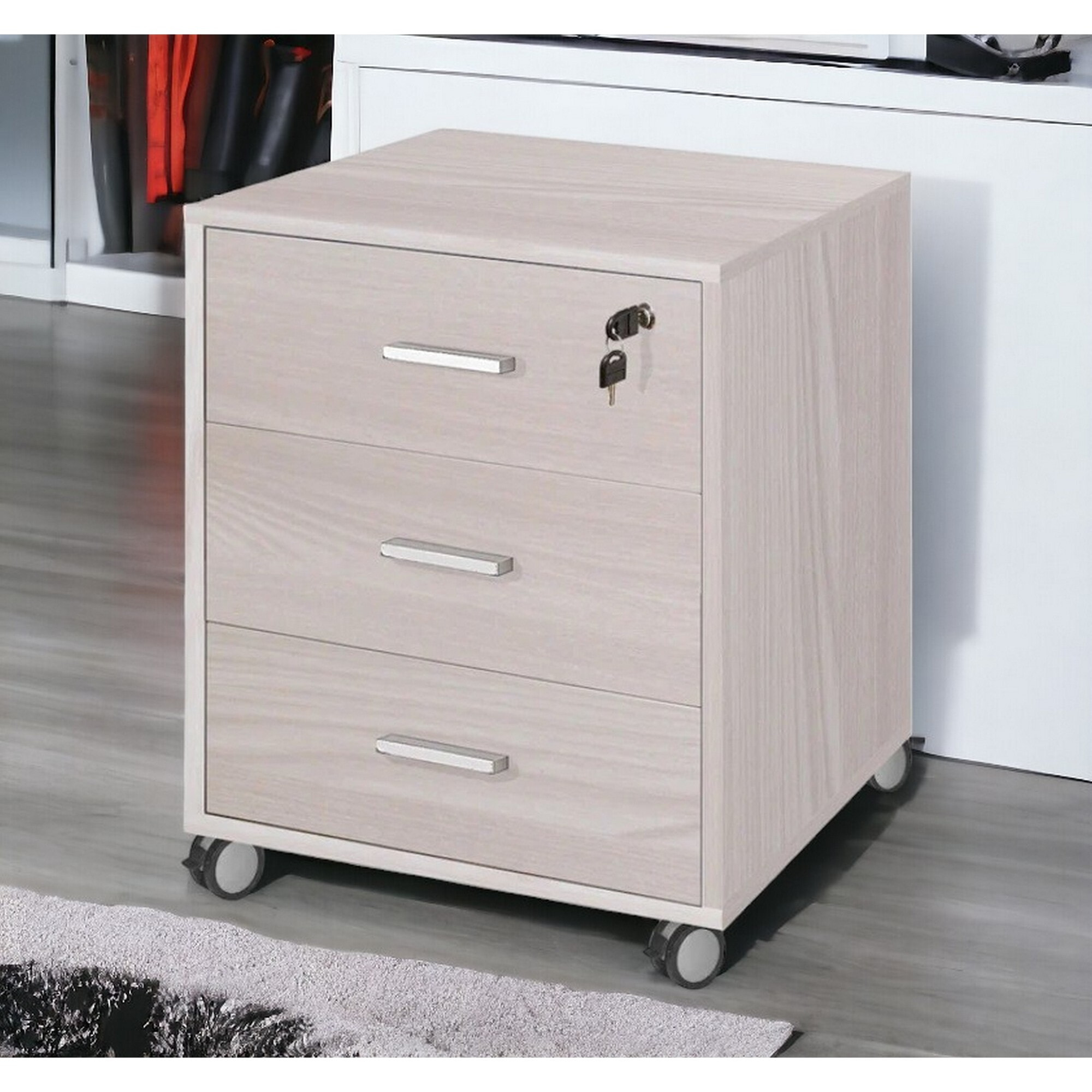 Cassettiera da ufficio a 3 cassetti su ruote, Mobiletto portadocumenti, Comodino elegante da scrivania, cm 50x41h70, colore Rovere