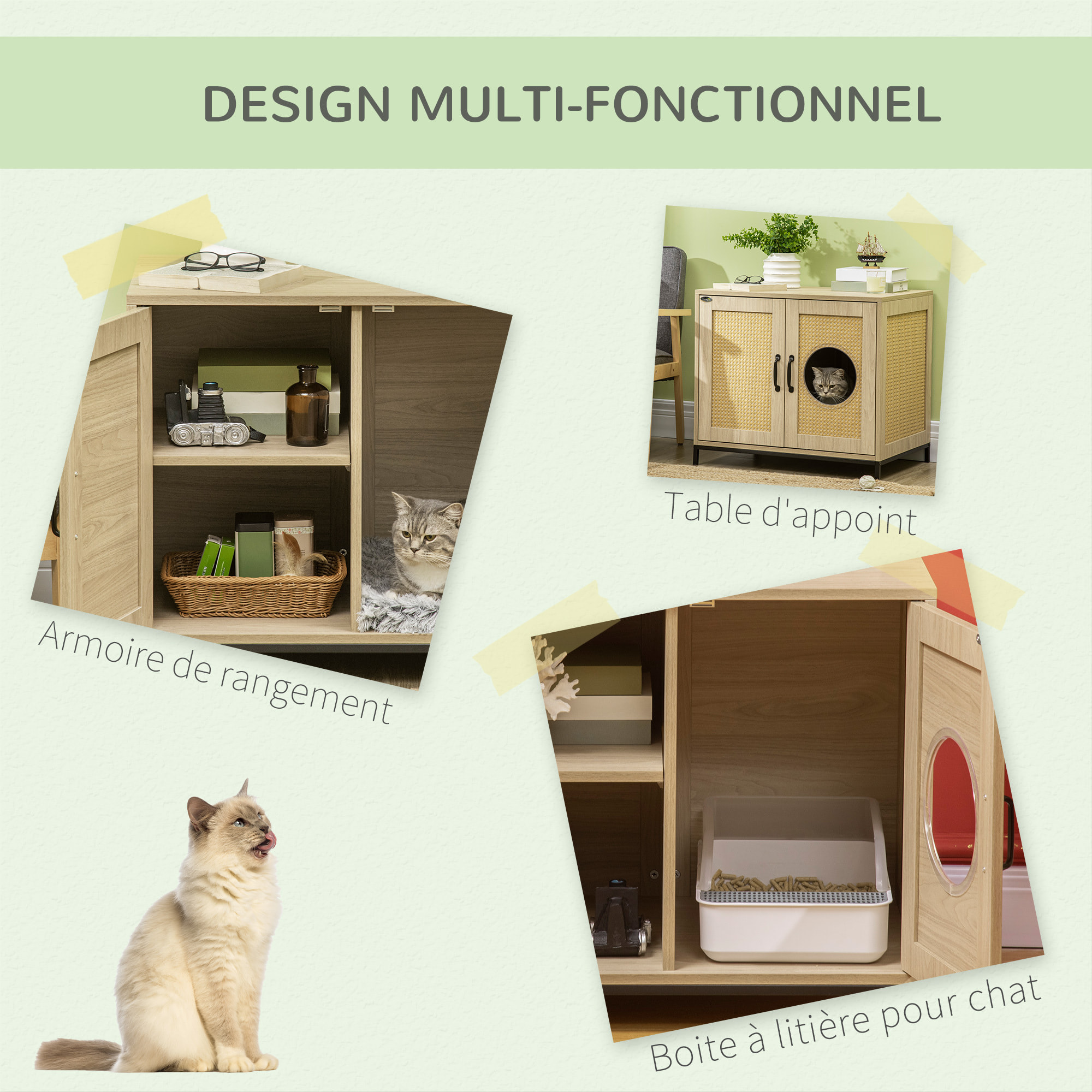 PawHut Meuble maison de toilette pour chat 2 en 1 avec double porte châssis Acier Panneaux Particules Aspect Bois Clair