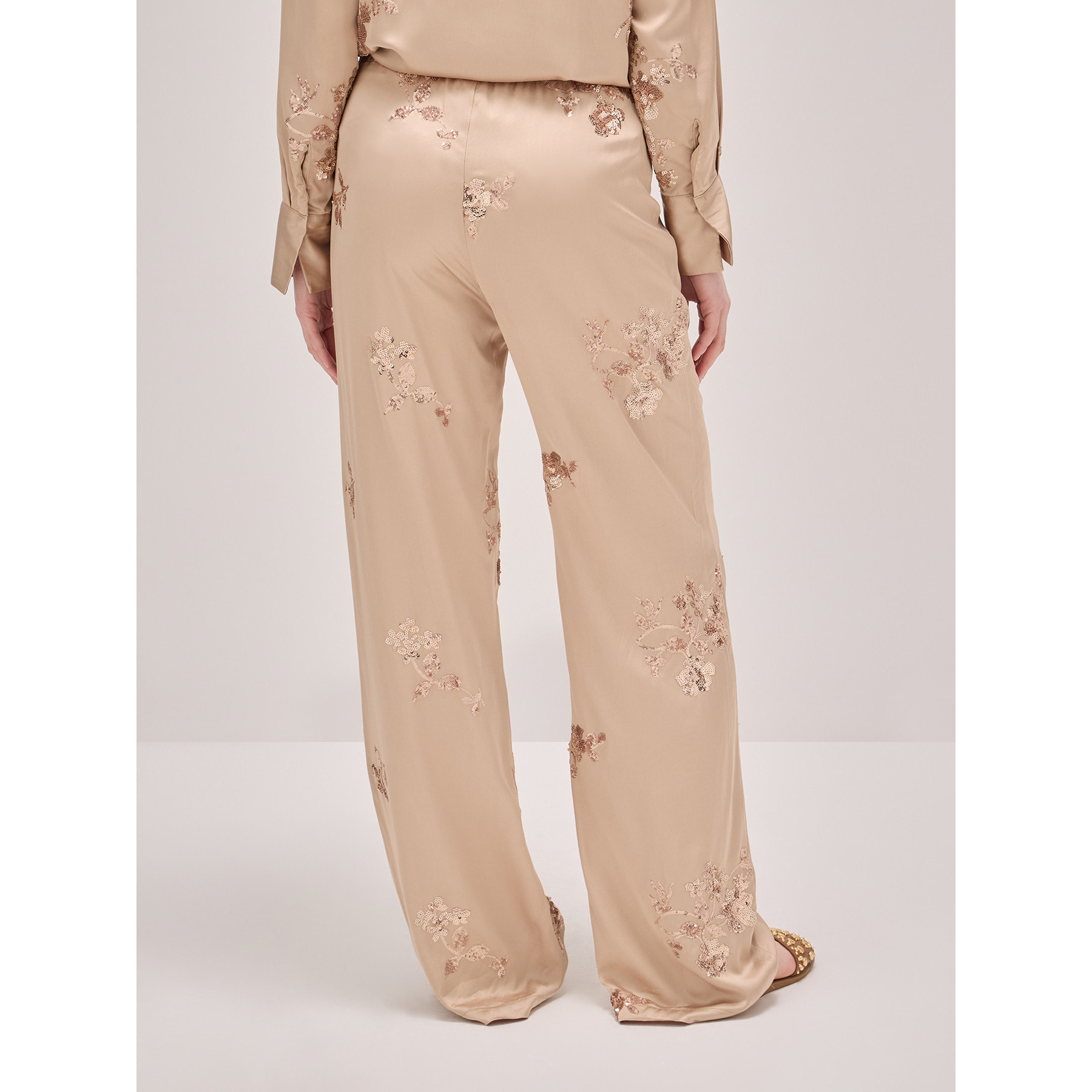 Oltre - Pantalones de raso con bordados de lentejuelas - Beige