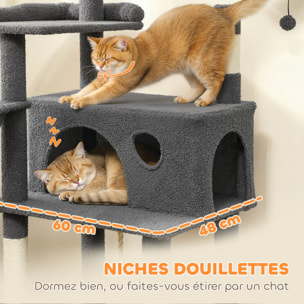 Arbre à chat grande taille H.174cm plateformes hamacs jouets griffoirs grattoirs peluche gris