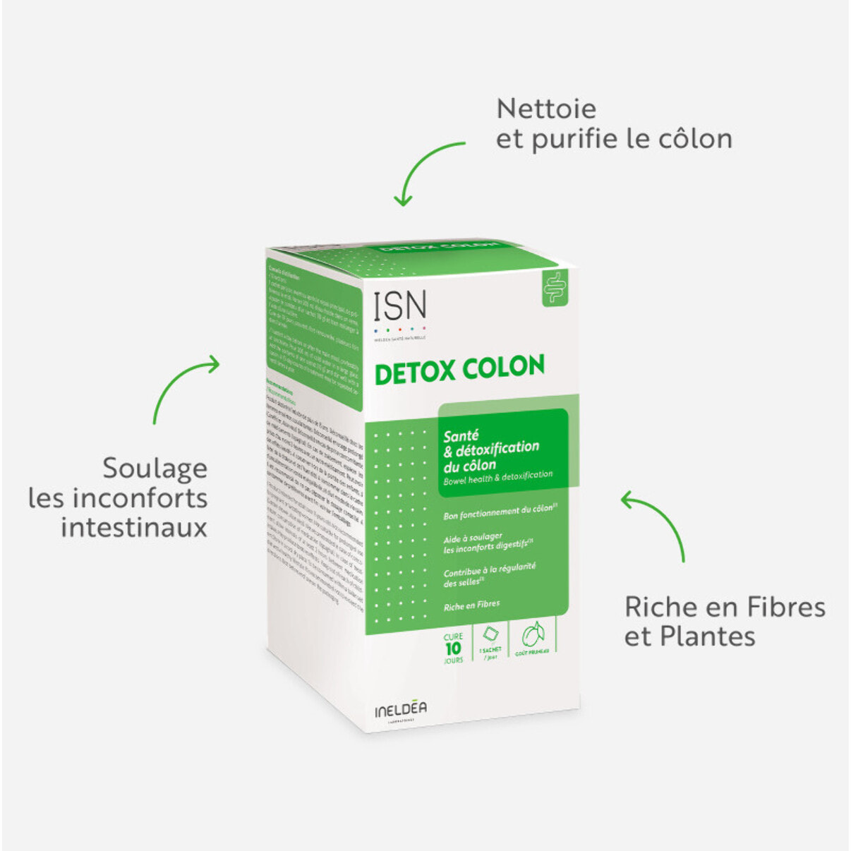 ISN - Detox Colon - Détoxifie naturellement & Purifie le Côlon - Soulage les Inconforts Intestinaux - Riche en Fibres et Plates - Sans Gluten - 10 sachets