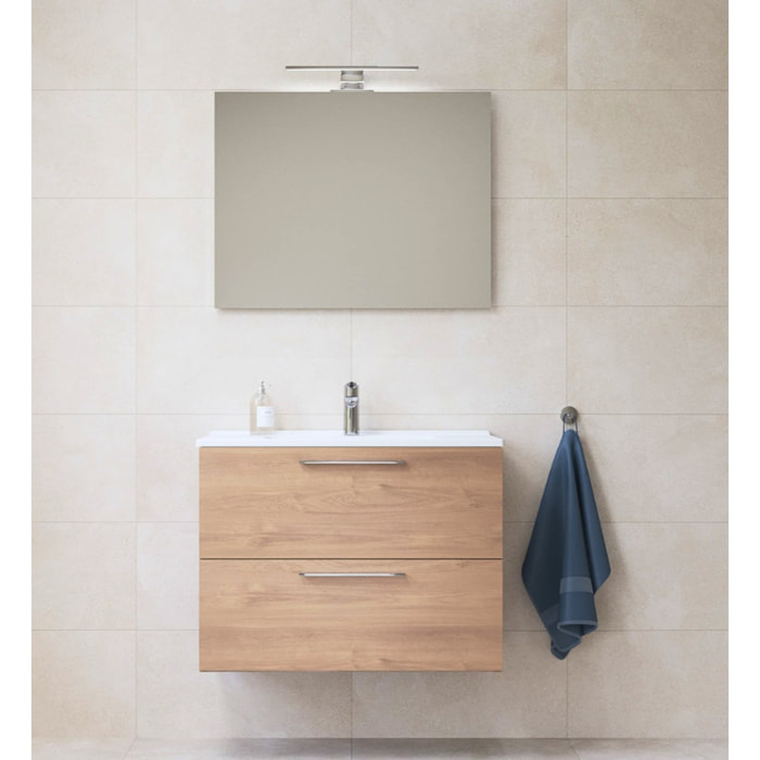 Mia ensemble meuble 79x61x39,5 cm avec miroir, lavabo et éclairage LED, Chêne (MIASET80D)