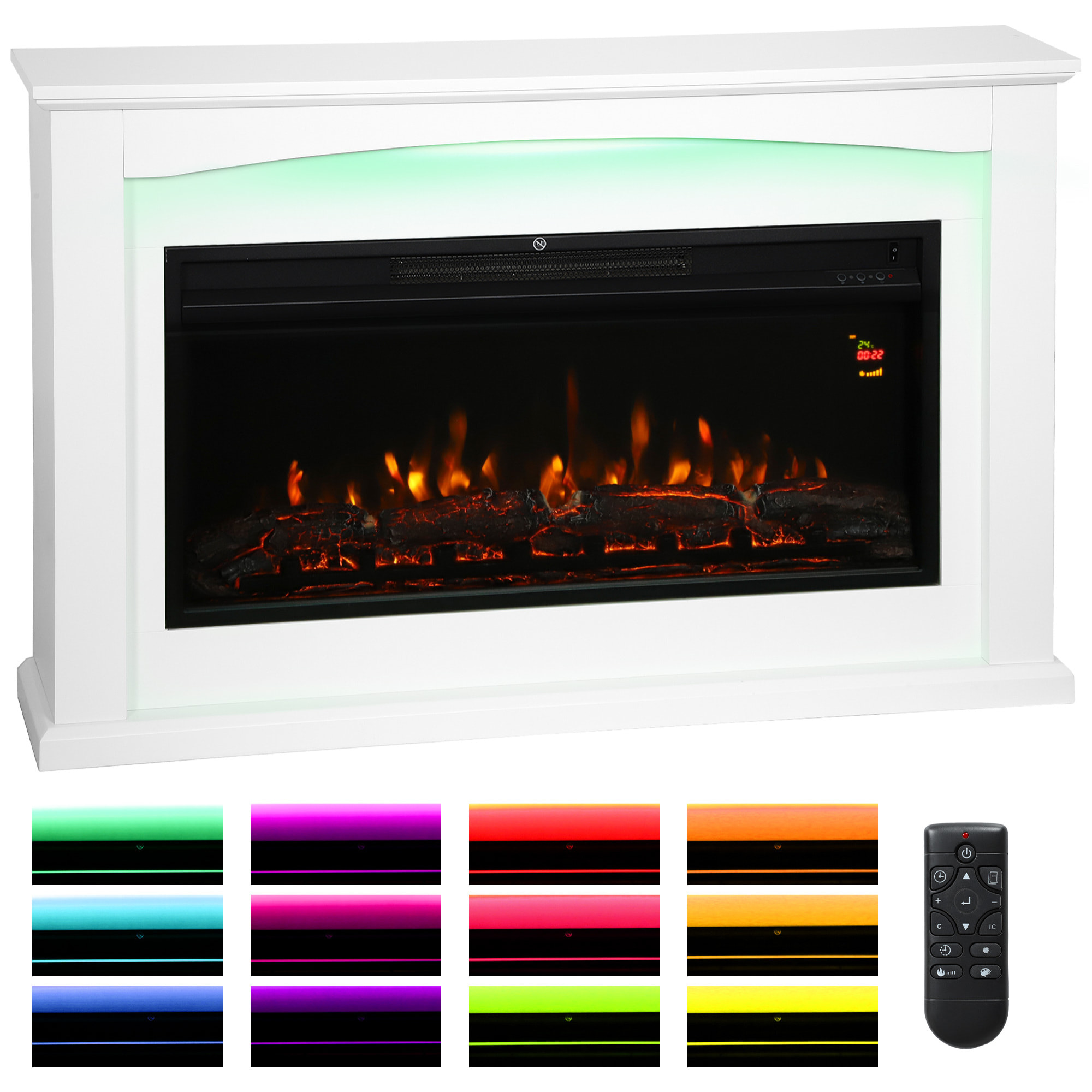 Cheminée électrique design LED multicolore grande taille 121 x 25 x 77 cm 2000W télécommande blanc