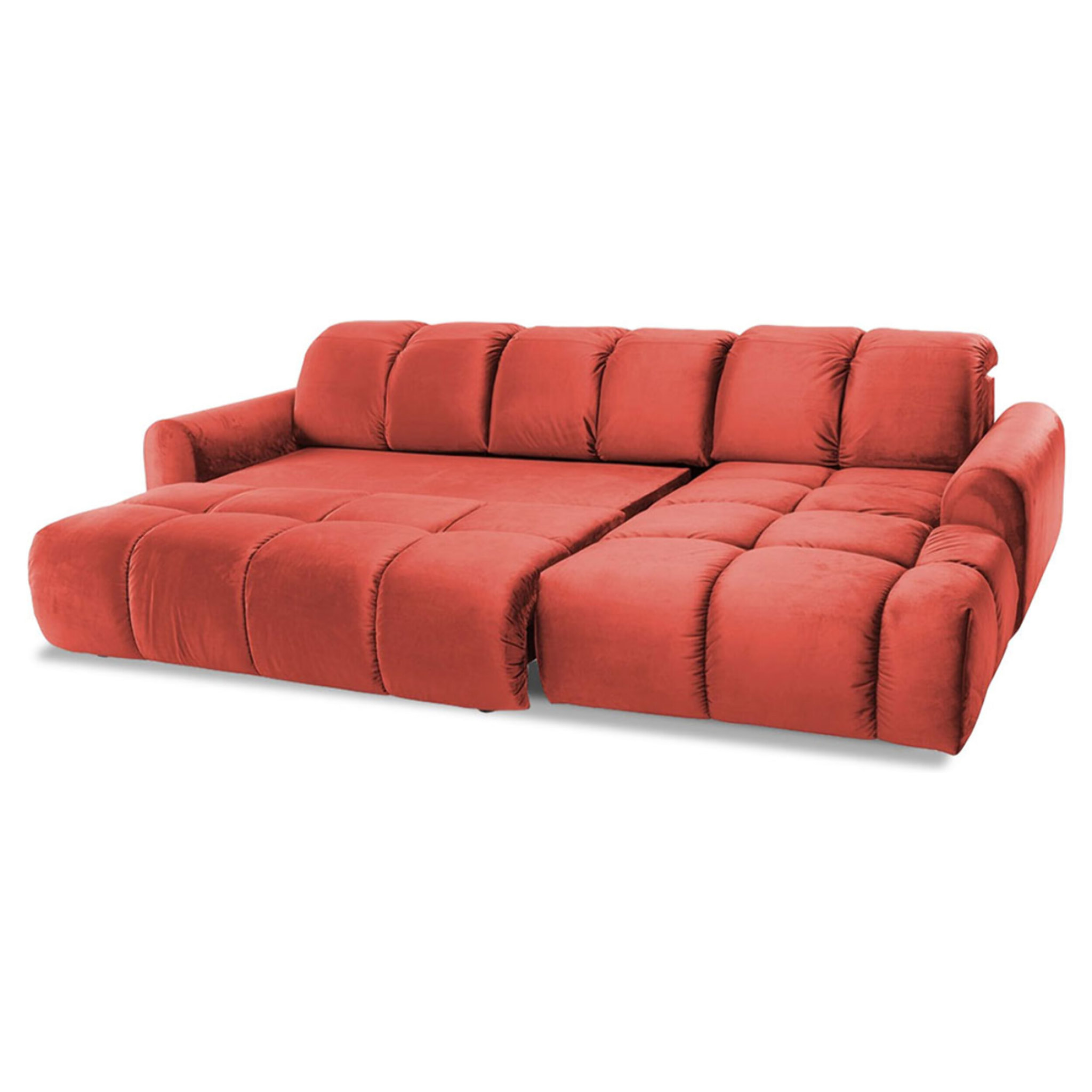 Canapé d'Angle Droit Convertible Velours Anacapri, 3 Places, Couchage Intégré, Coffre de Rangement, Repose-têtes Ajustables