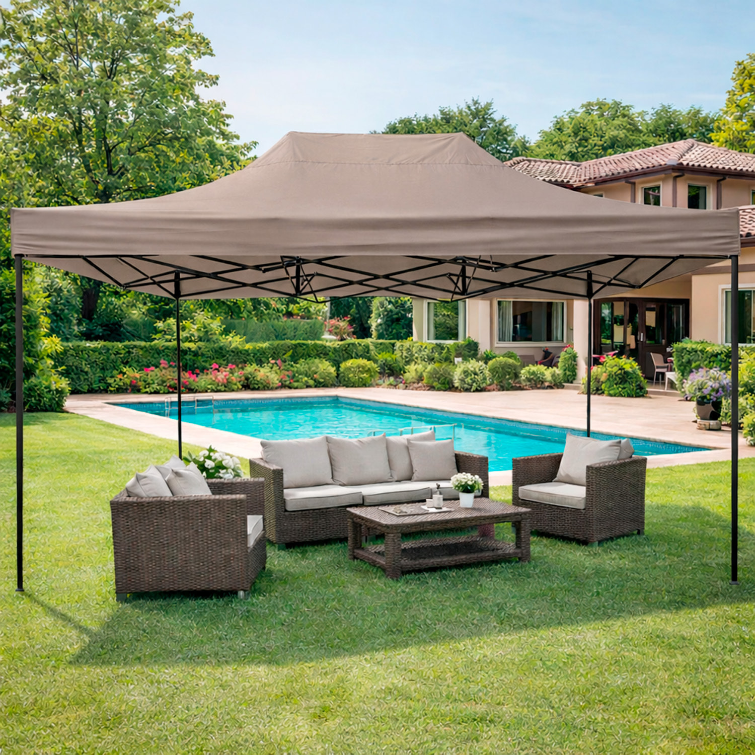 Gazebo Professionale 3x4.5 M Richiudibile Automatico In Acciaio E Telo Oxford 1200D PVC Impermeabile Anti UV Struttura a Fisarmonica e Sacche Tortora