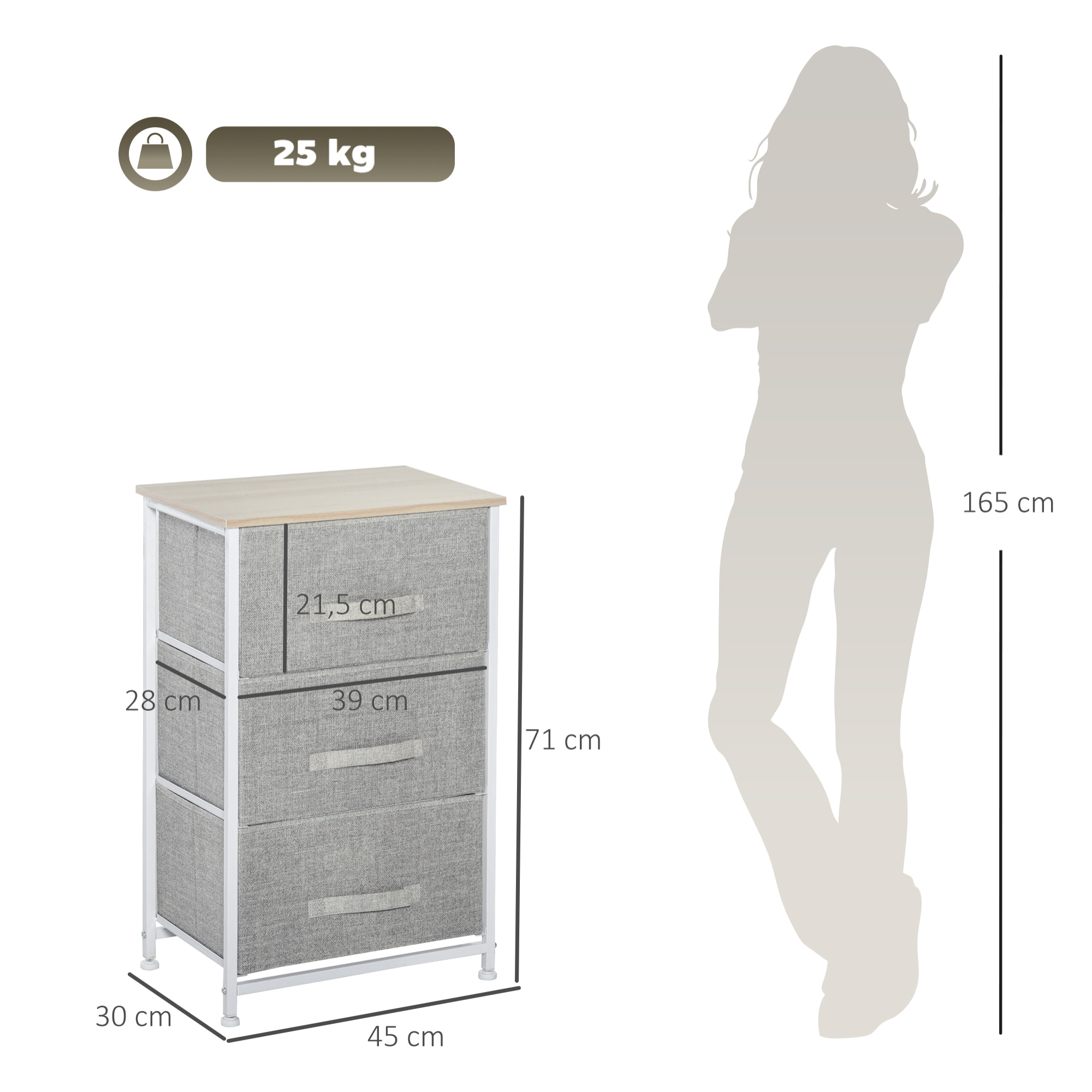 Cómoda con 3 Cajones de Tela, Cómoda para Dormitorio, Marco de Acero, Cajonera para Salón, Oficina, Vestidor, Gris