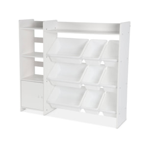 Meuble de rangement enfant. blanc. 9 bacs de rangement. 4 étagères. 1 porte