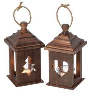 J-Line Lanterne - bois de sapin - marron - assortiment de 2
