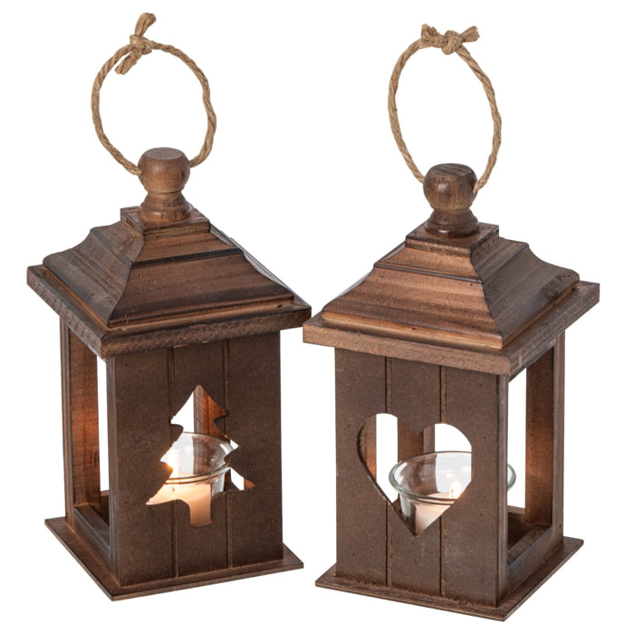 J-Line Lanterne - bois de sapin - marron - assortiment de 2