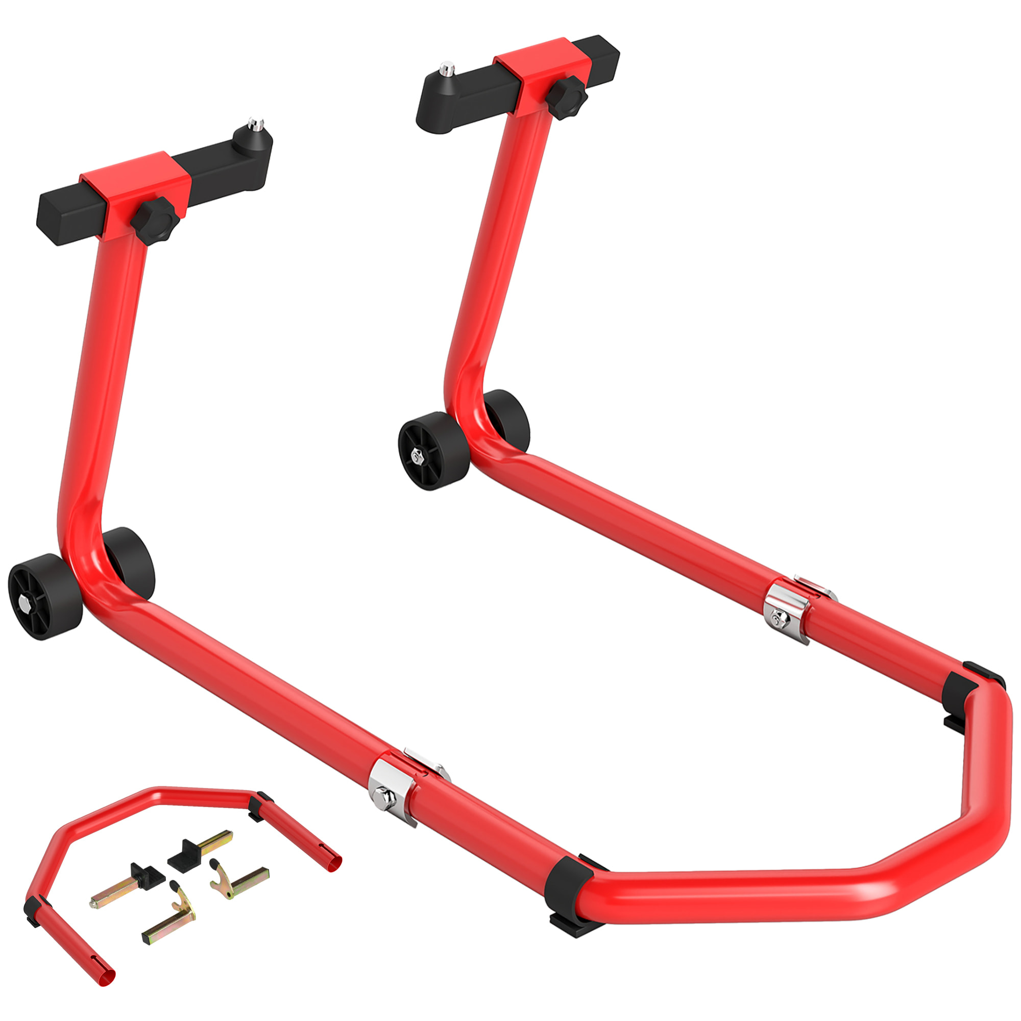 Caballete Moto Elevador Universal Carga 390 kg Soporte Rueda Delantera y Trasera Motocicleta Convertible con Adaptadores de Horquillas en U y L Ajustables y Ruedas para Reparación Mantenimiento