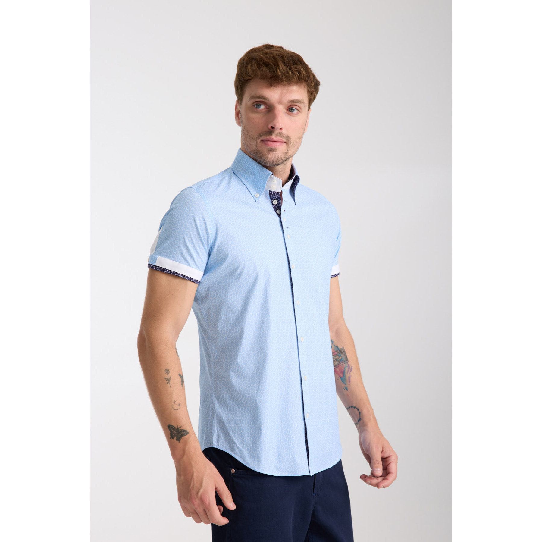 Camicia Uomo Manica Corta 2 Bottoni Button Down 7 Botto Popeline Stretch Stampato Celeste/Bianco