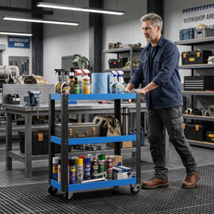 HOMCOM Carro de Taller, Carro de Herramientas con 3 Estantes, Ruedas con Frenos y Asa Lateral, para Garaje Mecánico, Hogar, Carga 120 kg, Azul