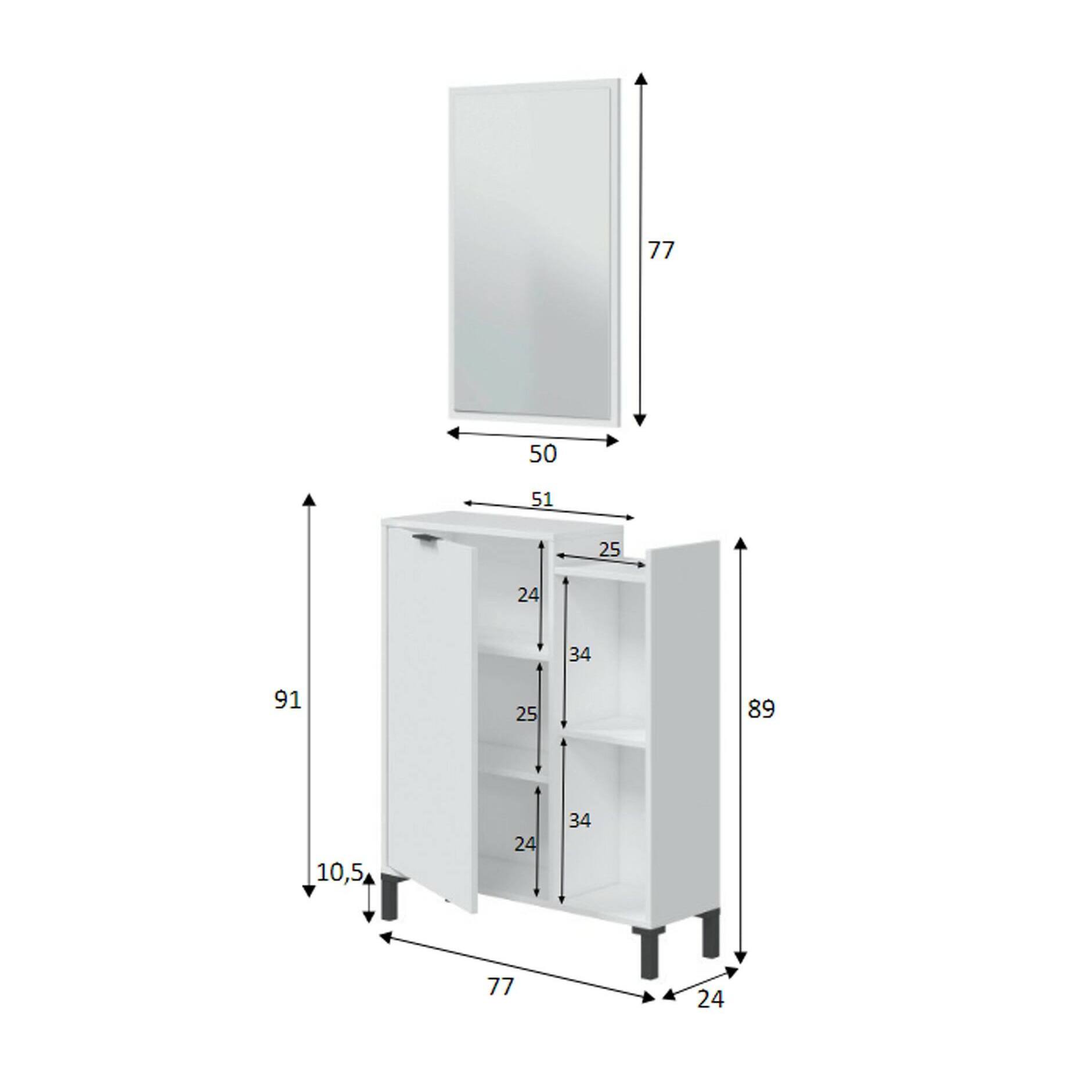 Mobile sottolavabo Argusto, Mobiletto da bagno, Contenitore porta lavabo, Armadio per lavandino, 77x24 h91 cm, Bianco