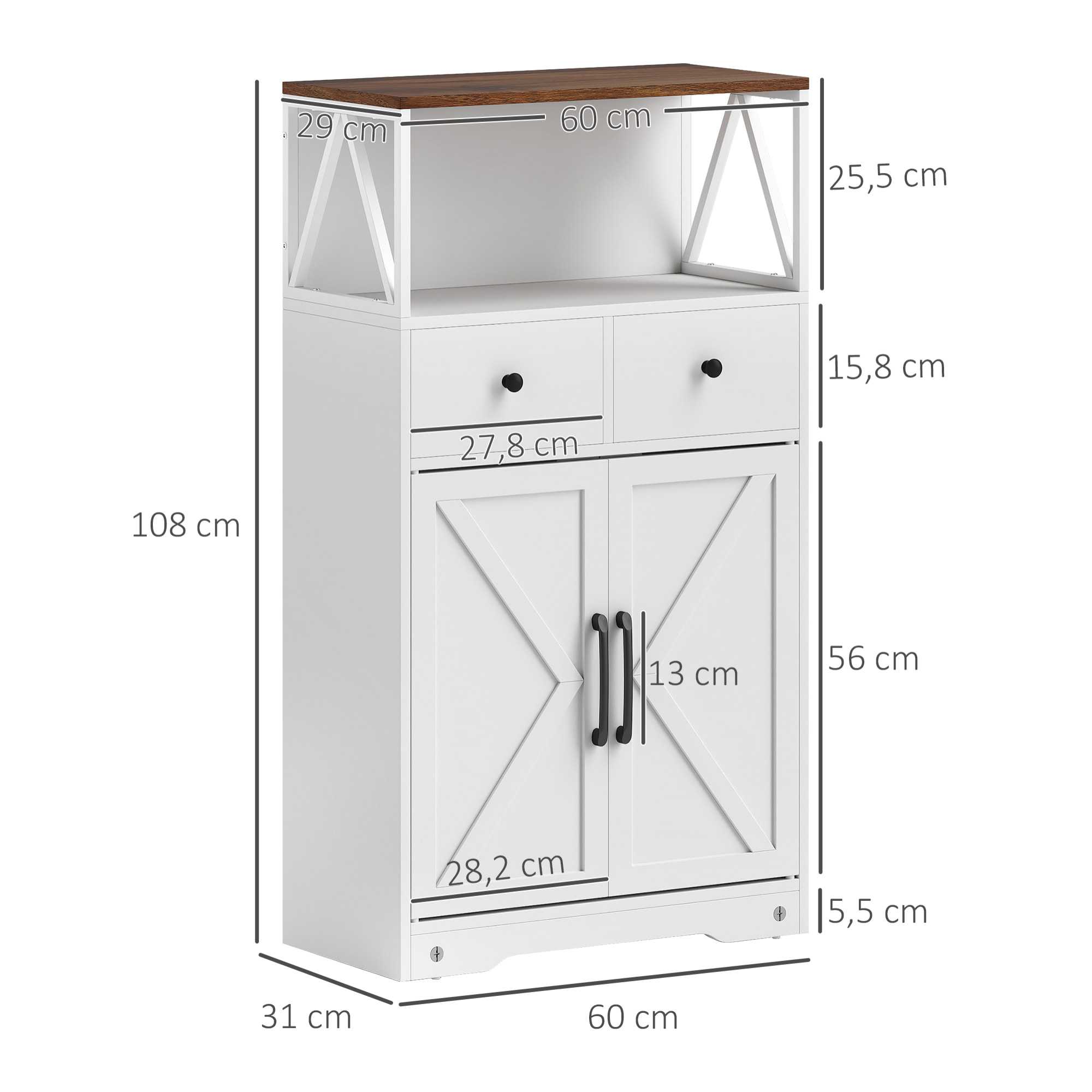 Aparador de Salón Armario Multiusos con Estantes Cajones Puertas Granero Aparador para Cocina Dormitorio 60x31x108 cm Blanco