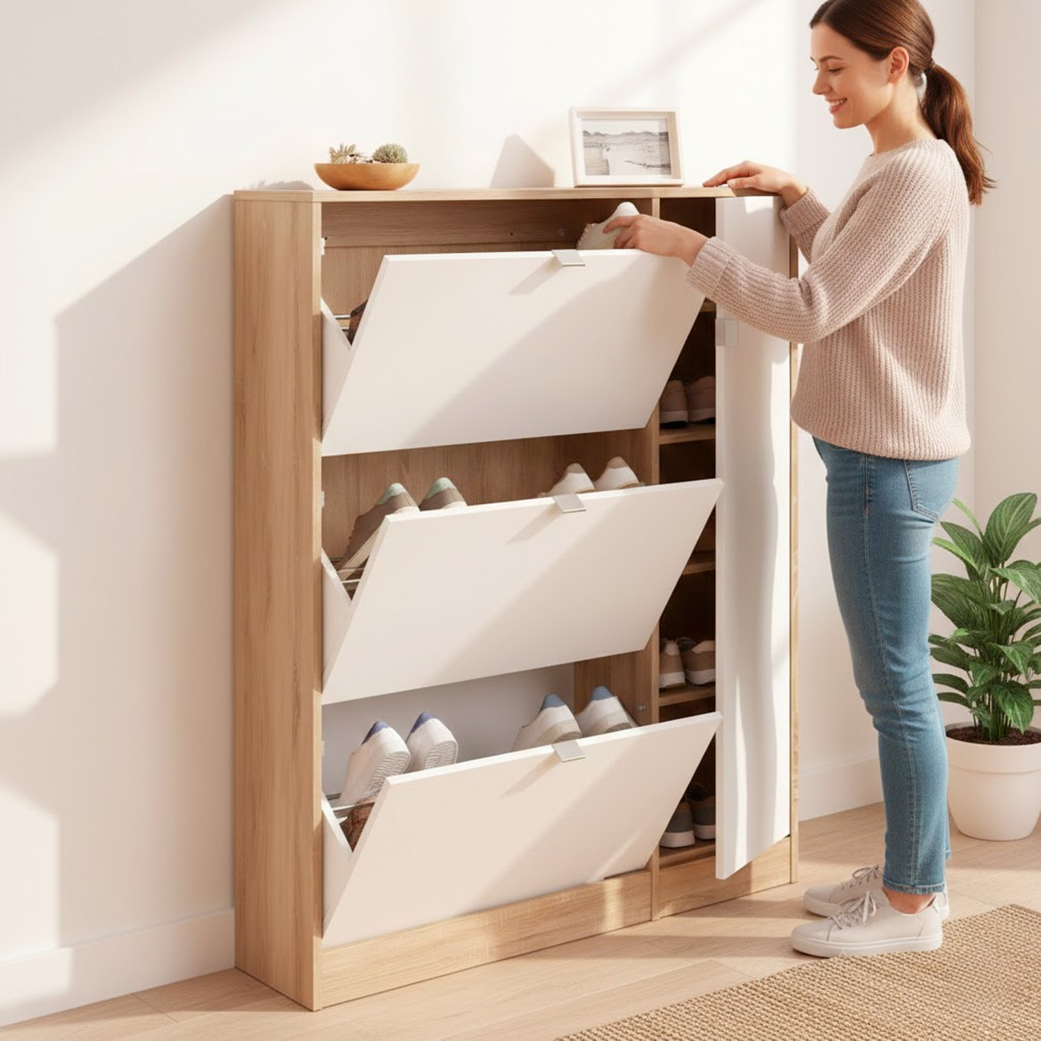 Scarpiera Salvaspazio Con 3 Ante A Ribalta Mobile Laterale Fino A 18 Paia Design Moderno Ingresso Corridoio 98.8x24.05x123.6 Cm Rovere e Bianco Lucido