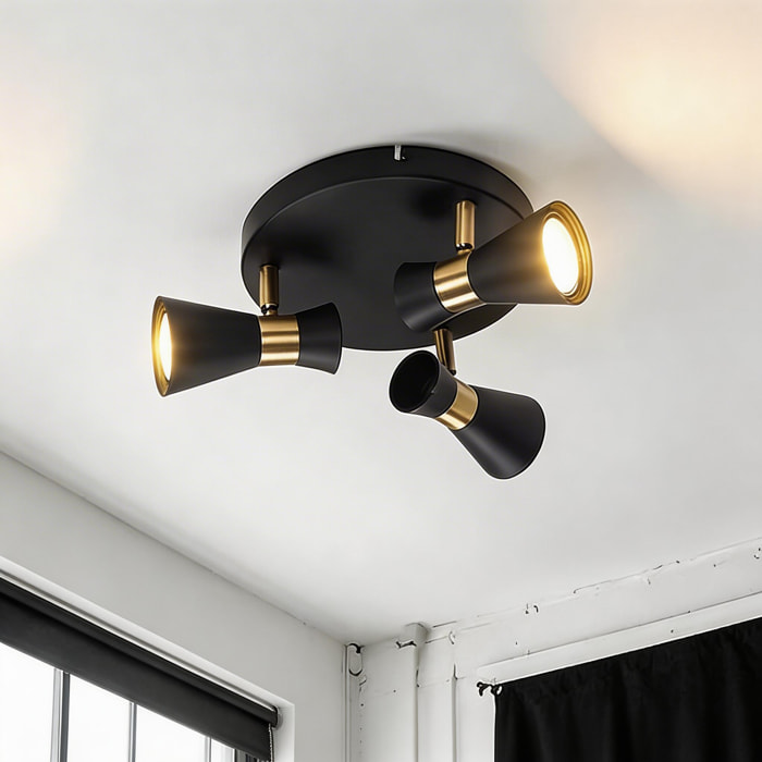 Forlight Eufo plafón triple en negro con acabado en oro para bombilla GU10