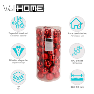 set de 100 bolas de navidad color rojo en tubo pet con diferentes diseños y acabados