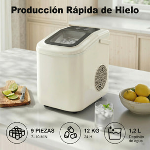 Máquina de Hielo, Máquina de Cubitos de Hielo Autolimpiable, 12 kg/24H, 9 Cubitos Listos en 7 Minutos, 2 Tamaños de Hielo, 1,2L Depósito, para Hogar, Cocina, Oficina, Bar, Beige