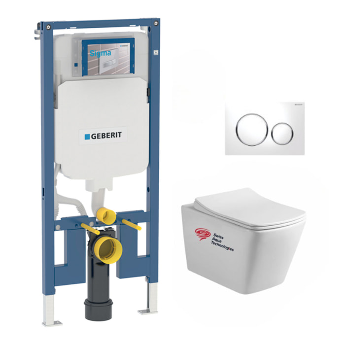Pack WC sans bride Infinitio + Abattant softclose slim + Bâti support Geberit Extra-plat UP720 + Plaque Blanche