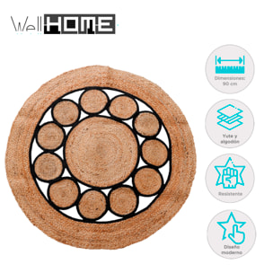 Alfombra redonda trenzada de yute y algodón - 90 cm - Negro y natural