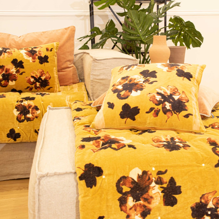 Coussin floral en velours - Jaune